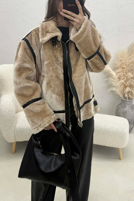 ONE COLOR ZIPPER FLUFFY WOMAN COAT BEIGE/BEZHE - 2