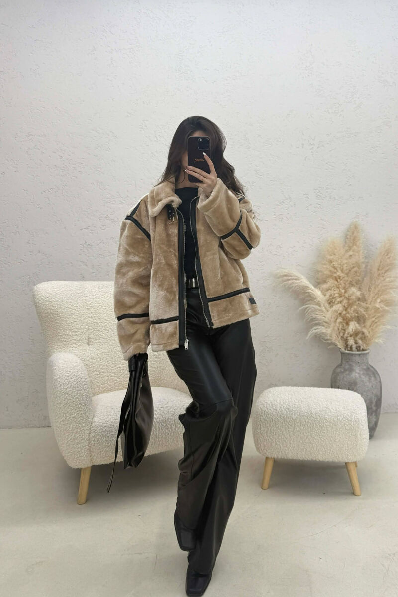 ONE COLOR ZIPPER FLUFFY WOMAN COAT BEIGE/BEZHE - 3