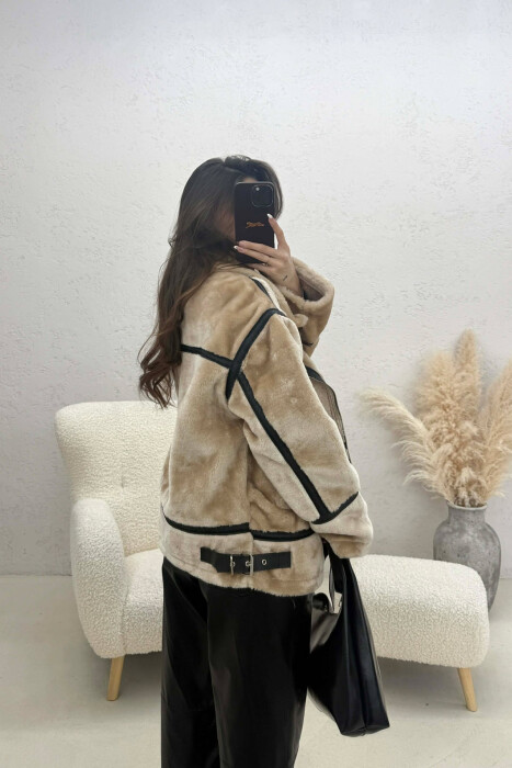 ONE COLOR ZIPPER FLUFFY WOMAN COAT BEIGE/BEZHE - 4