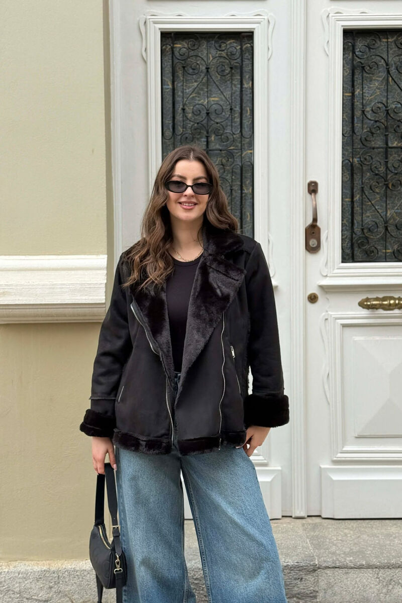 ONE COLOR ZIPPER FLUFFY WOMAN COAT BLACK/ E ZEZE - 1