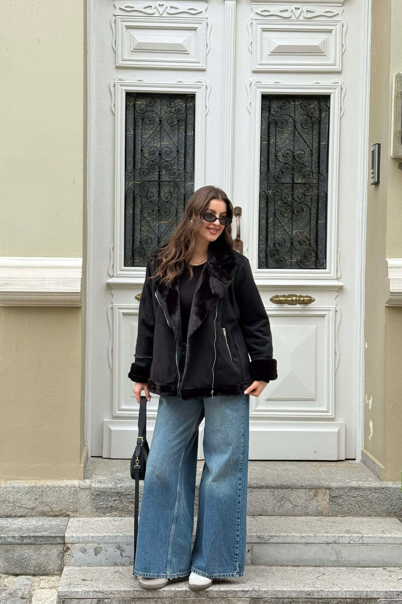 ONE COLOR ZIPPER FLUFFY WOMAN COAT BLACK/ E ZEZE - 2