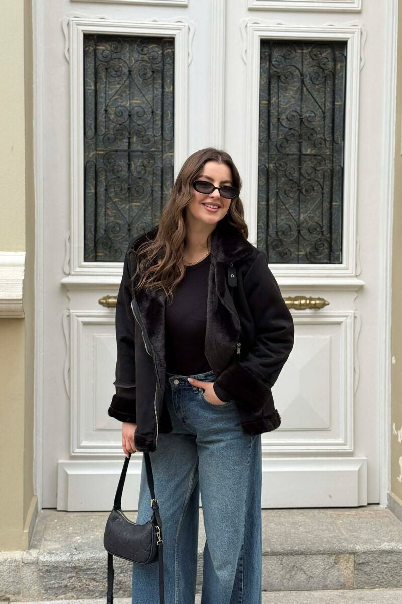 ONE COLOR ZIPPER FLUFFY WOMAN COAT BLACK/ E ZEZE - 3