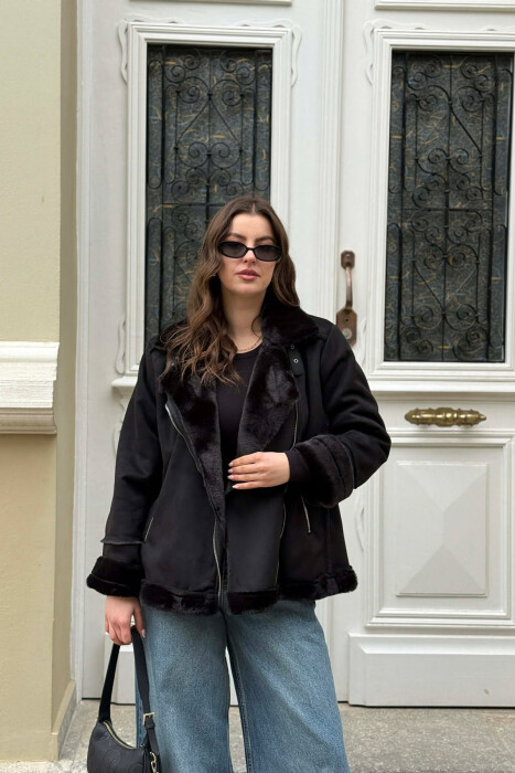 ONE COLOR ZIPPER FLUFFY WOMAN COAT BLACK/ E ZEZE - 4