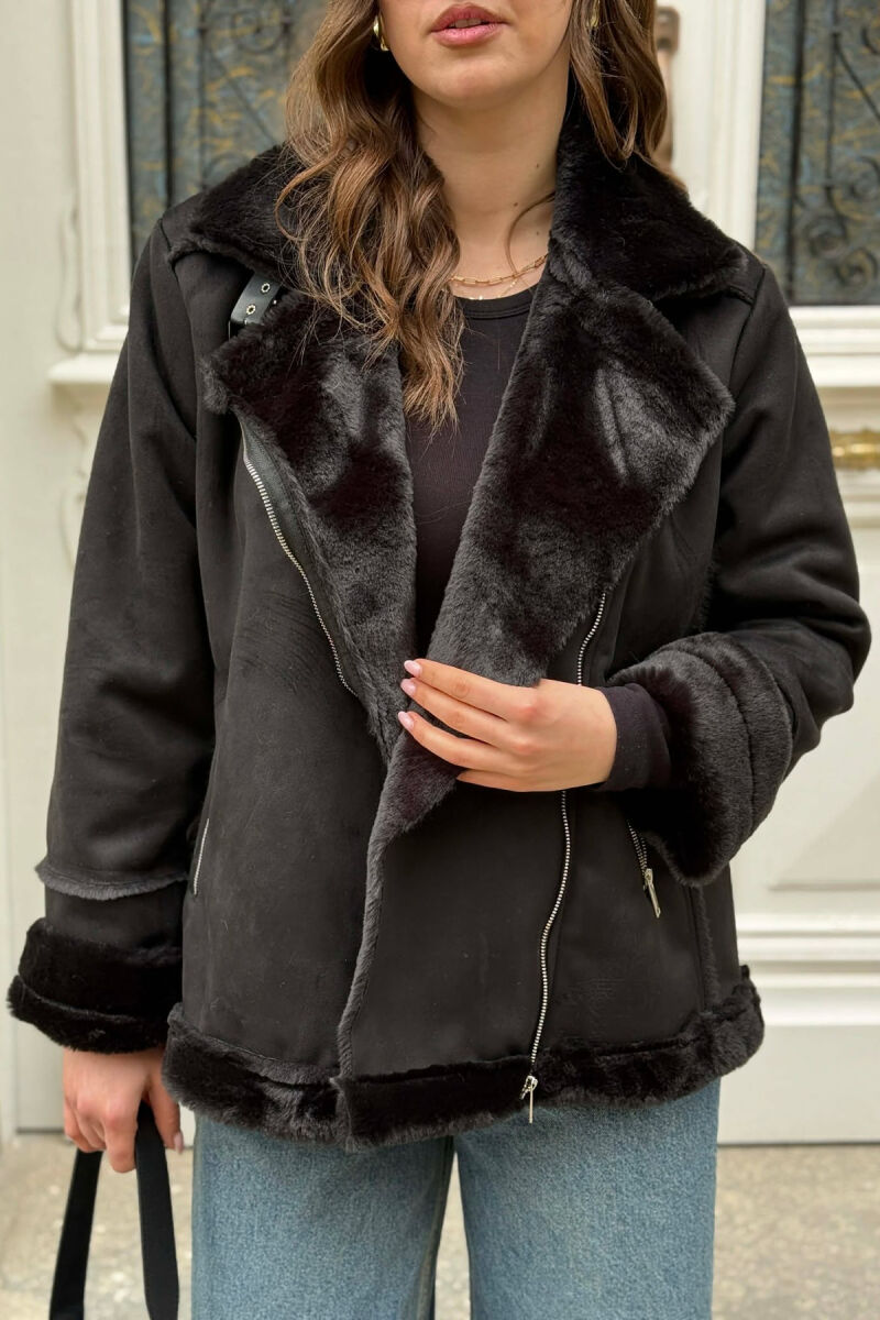 ONE COLOR ZIPPER FLUFFY WOMAN COAT BLACK/ E ZEZE - 7