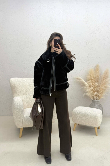 ONE COLOR ZIPPER FLUFFY WOMAN COAT BLACK/ E ZEZE - 1