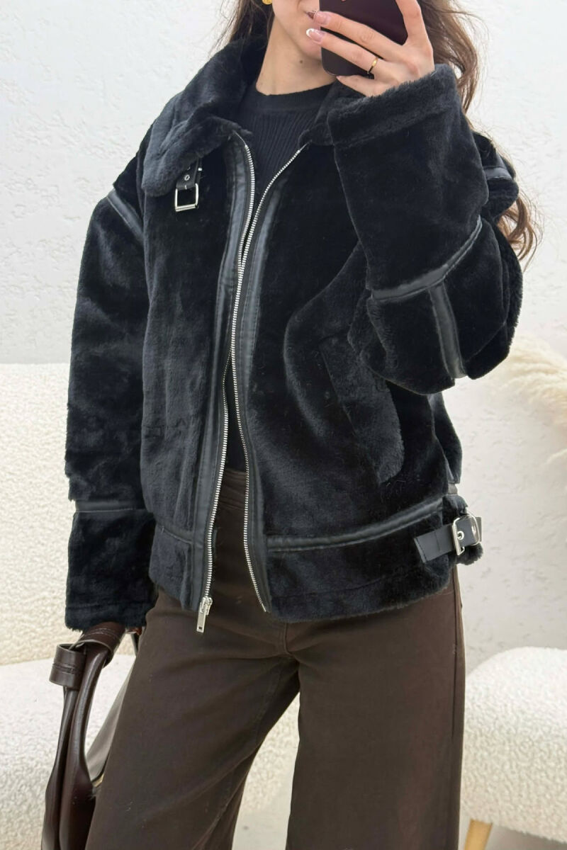 ONE COLOR ZIPPER FLUFFY WOMAN COAT BLACK/ E ZEZE - 2