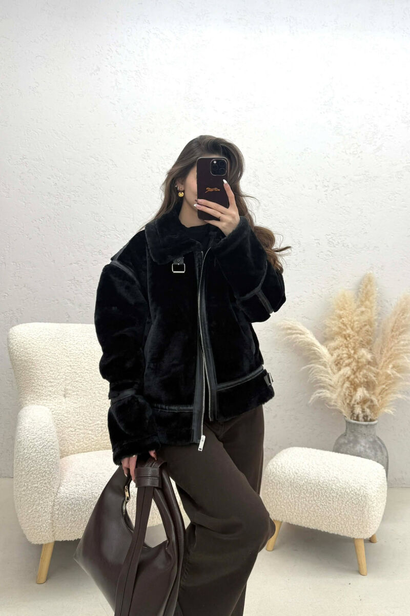 ONE COLOR ZIPPER FLUFFY WOMAN COAT BLACK/ E ZEZE - 3