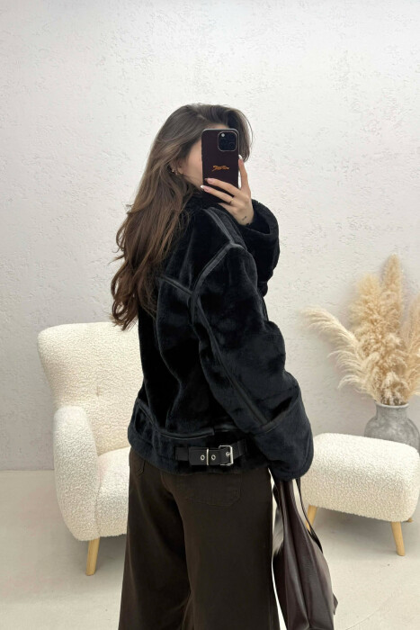 ONE COLOR ZIPPER FLUFFY WOMAN COAT BLACK/ E ZEZE - 4