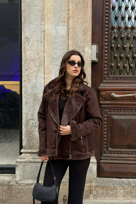 ONE COLOR ZIPPER FLUFFY WOMAN COAT BROWN/KAFE - KLAUDIO FASHION