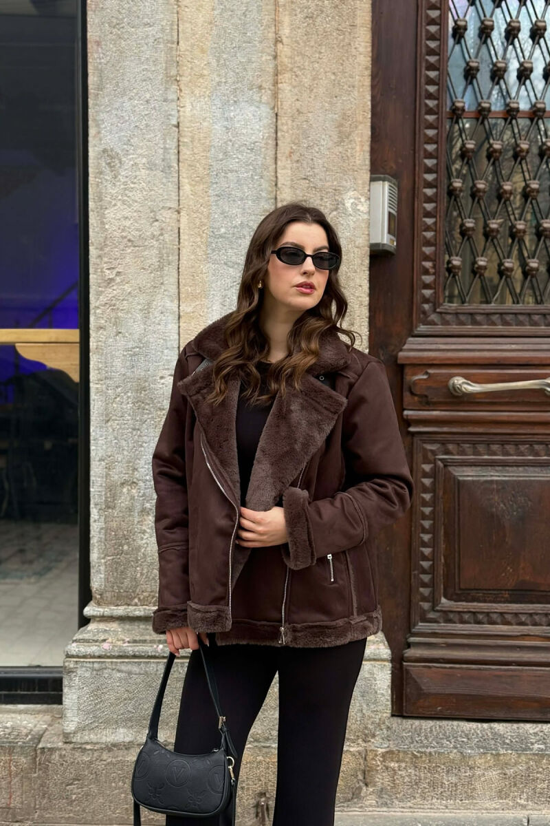 ONE COLOR ZIPPER FLUFFY WOMAN COAT BROWN/KAFE - 1