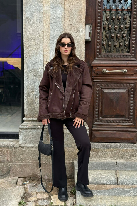 ONE COLOR ZIPPER FLUFFY WOMAN COAT BROWN/KAFE - 2