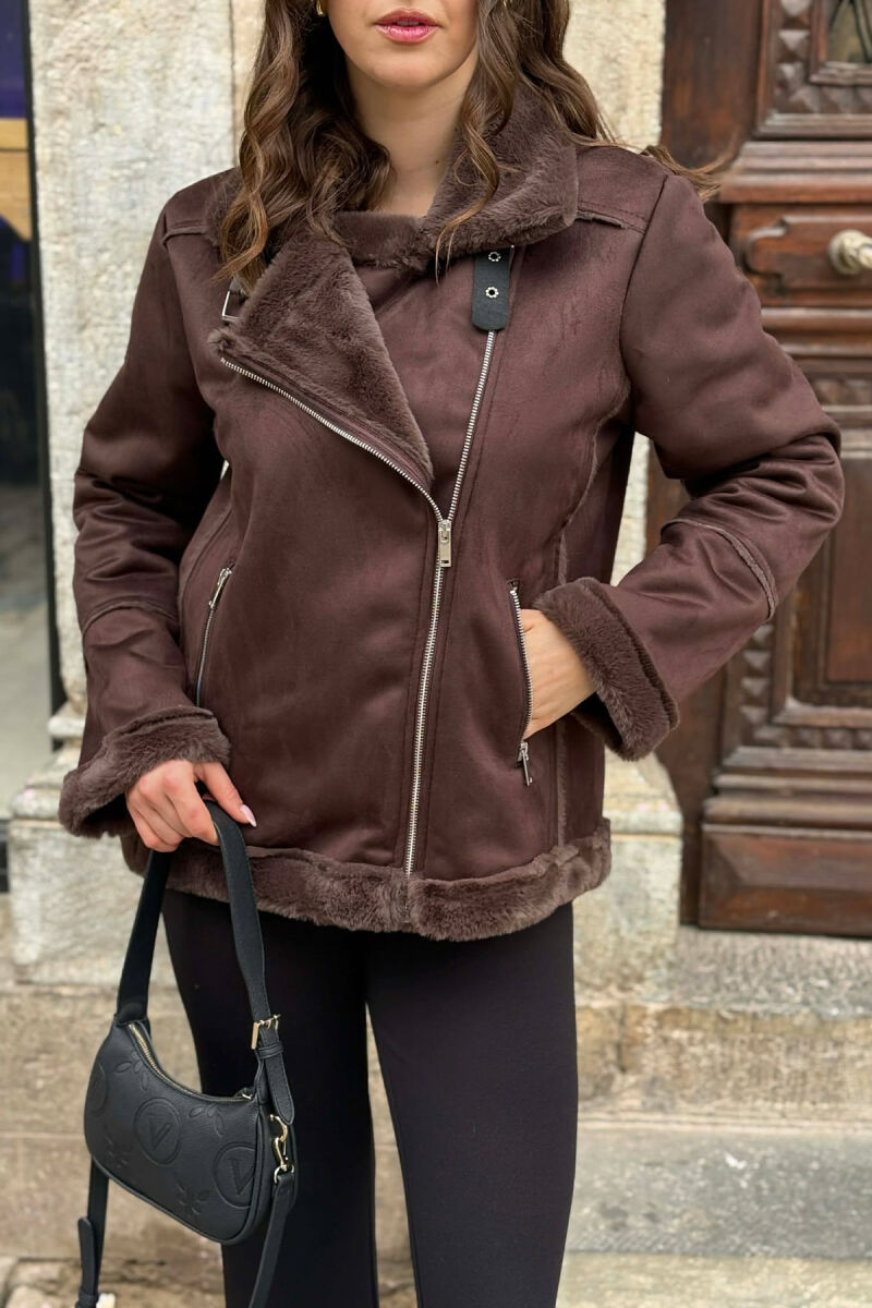 ONE COLOR ZIPPER FLUFFY WOMAN COAT BROWN/KAFE - 3