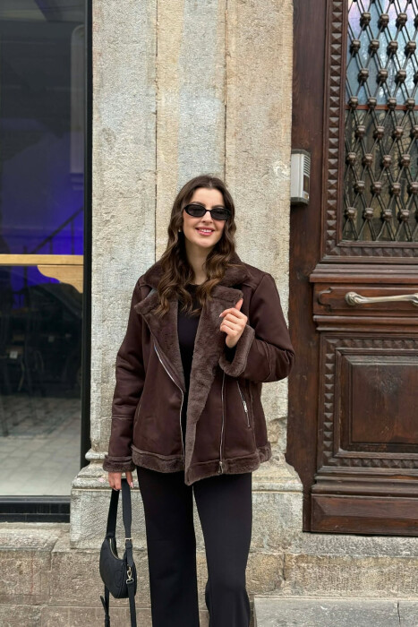 ONE COLOR ZIPPER FLUFFY WOMAN COAT BROWN/KAFE - 4