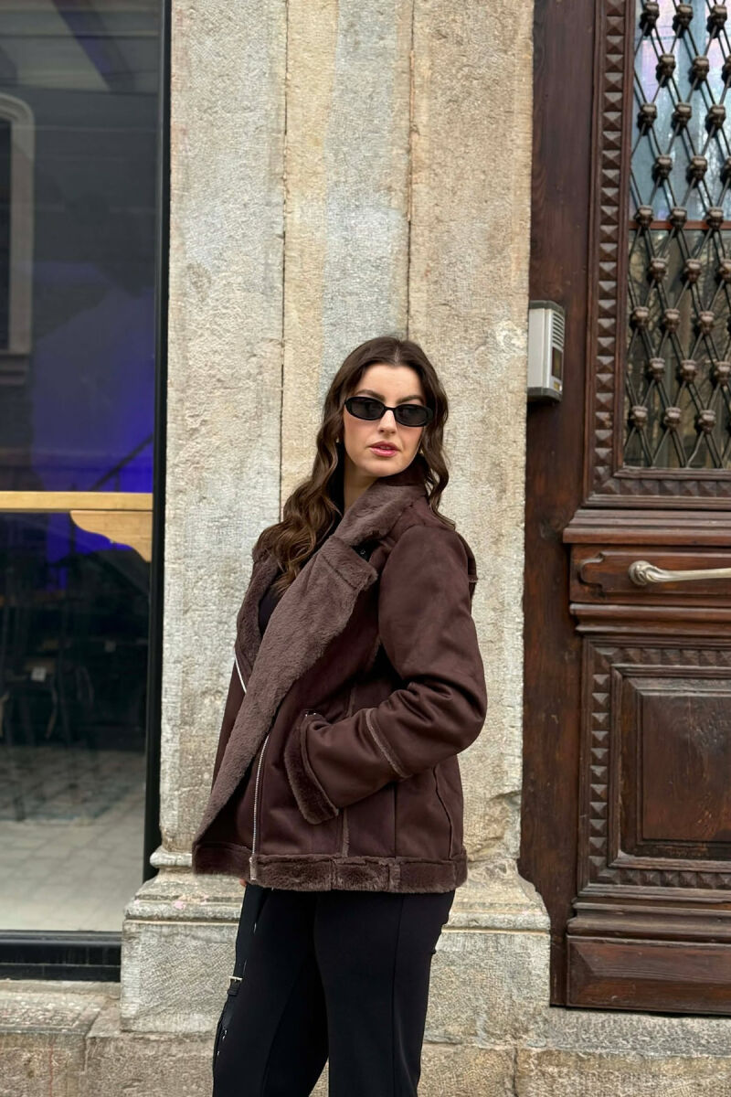 ONE COLOR ZIPPER FLUFFY WOMAN COAT BROWN/KAFE - 5