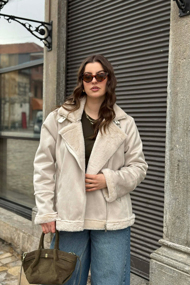 ONE COLOR ZIPPER FLUFFY WOMAN COAT CREAM/KREM - 1