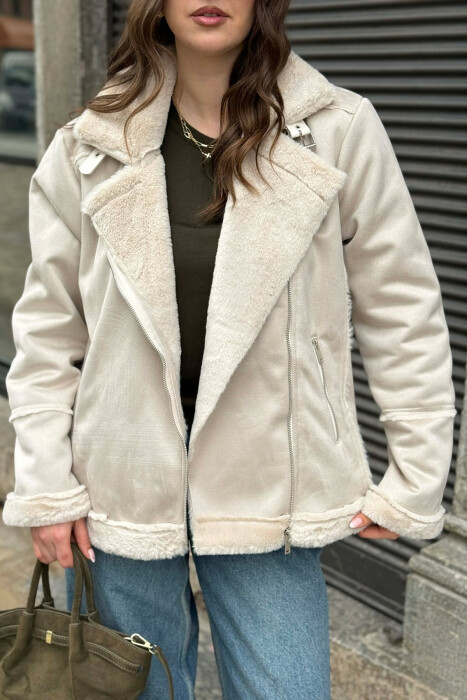 ONE COLOR ZIPPER FLUFFY WOMAN COAT CREAM/KREM - 2