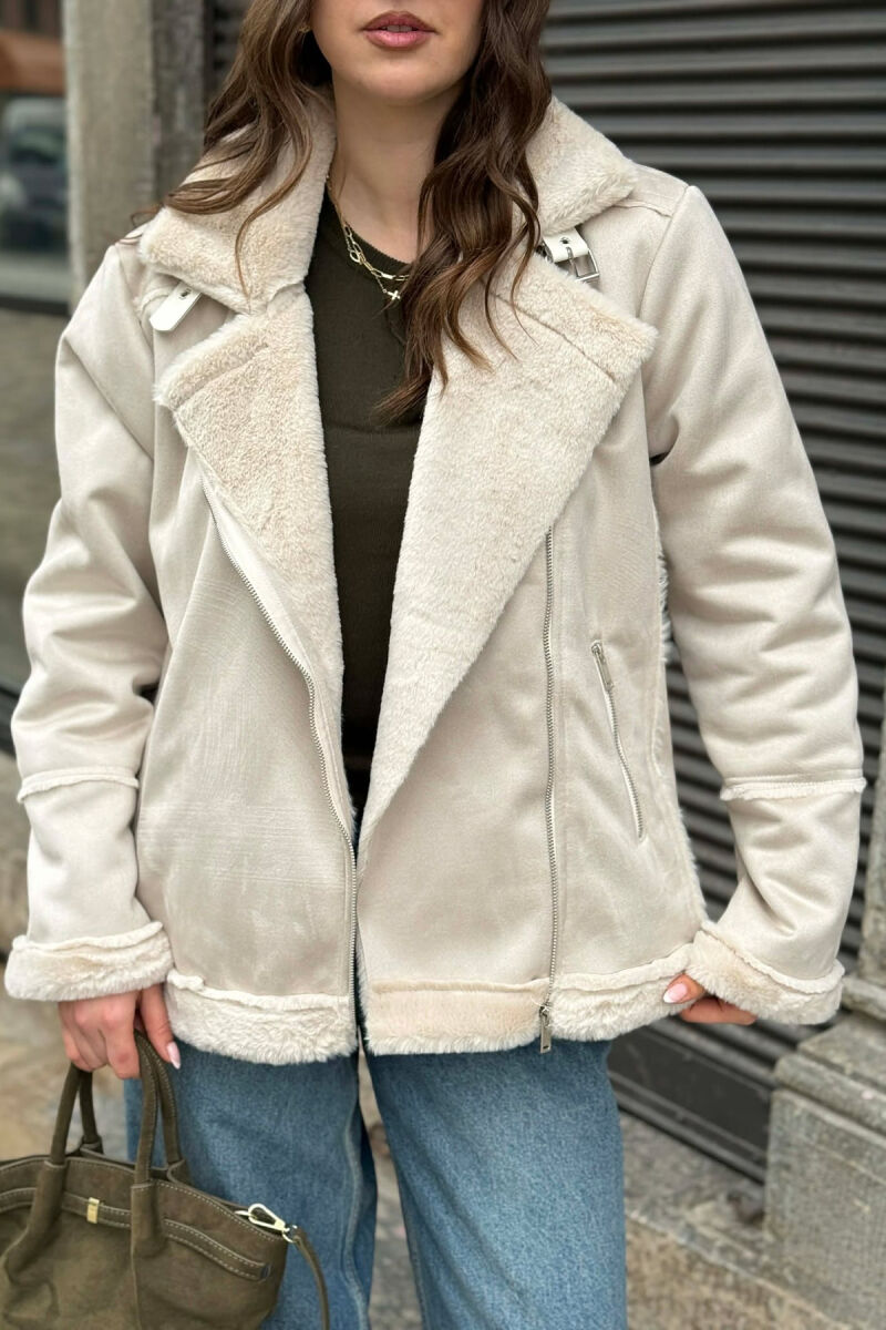 ONE COLOR ZIPPER FLUFFY WOMAN COAT CREAM/KREM - 2