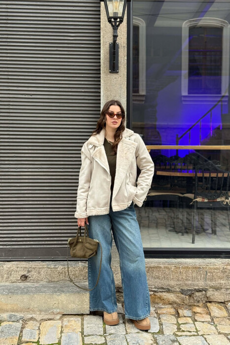 ONE COLOR ZIPPER FLUFFY WOMAN COAT CREAM/KREM - 4