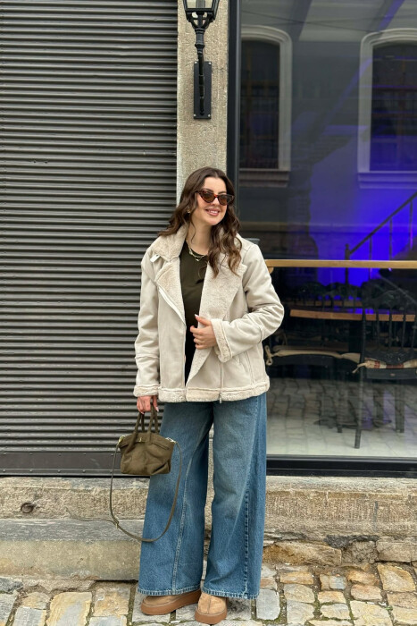 ONE COLOR ZIPPER FLUFFY WOMAN COAT CREAM/KREM - 5