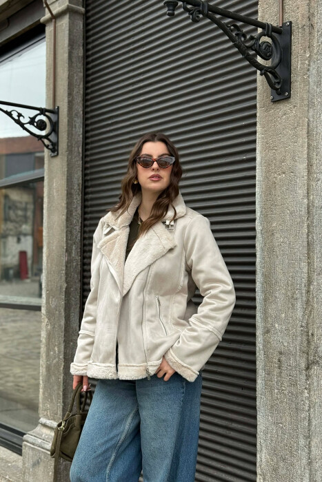 ONE COLOR ZIPPER FLUFFY WOMAN COAT CREAM/KREM - 6