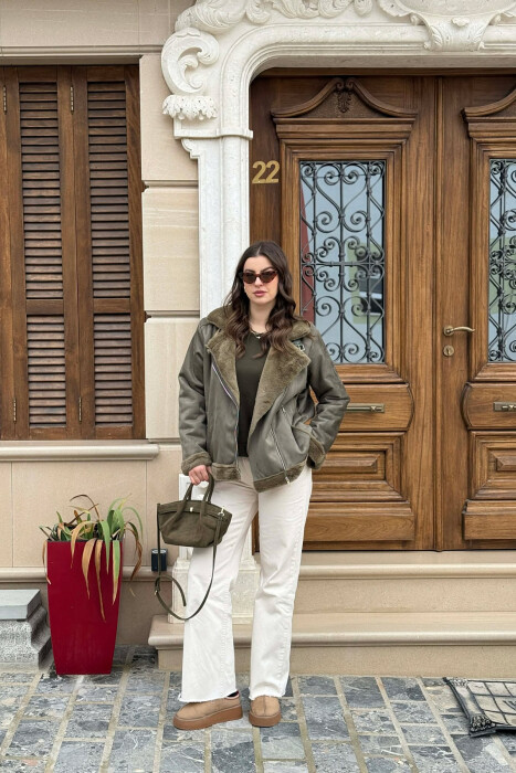 ONE COLOR ZIPPER FLUFFY WOMAN COAT GREEN/JESHILE - 1