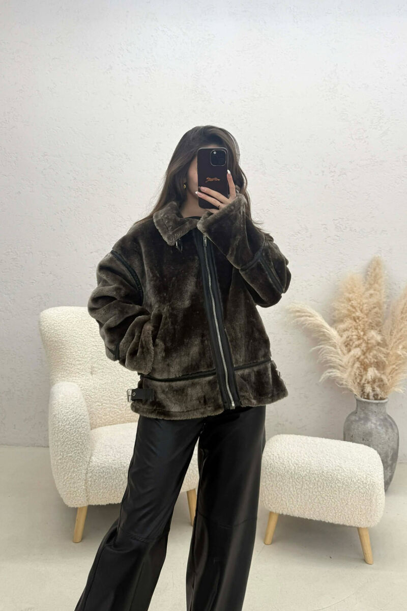 ONE COLOR ZIPPER FLUFFY WOMAN COAT GREEN/JESHILE - 1