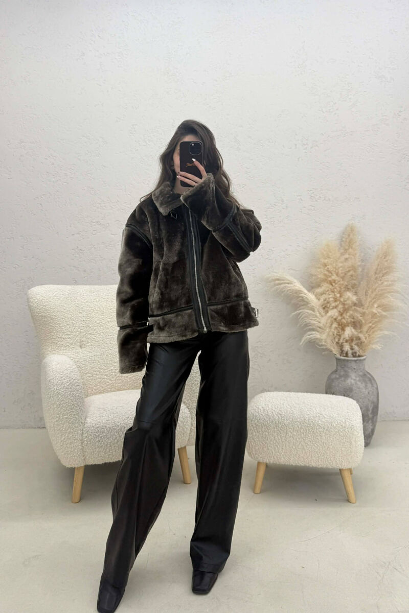 ONE COLOR ZIPPER FLUFFY WOMAN COAT GREEN/JESHILE - 2