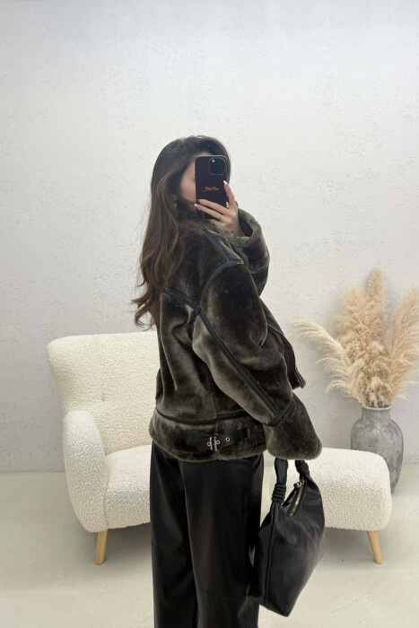 ONE COLOR ZIPPER FLUFFY WOMAN COAT GREEN/JESHILE - 3