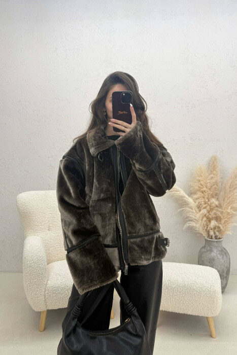 ONE COLOR ZIPPER FLUFFY WOMAN COAT GREEN/JESHILE - 4