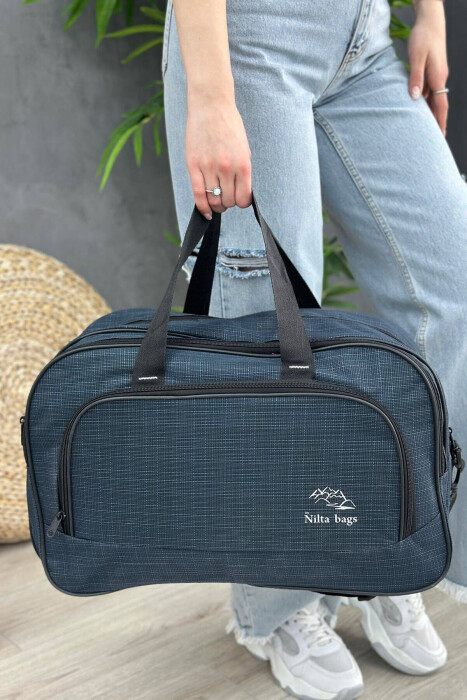 ONE COLOR ZIPPER HANDLE TRAVELING BAG DARK BLUE/BEE - 1