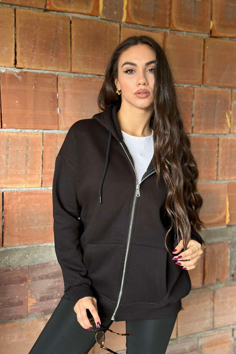 ONE COLOR ZIPPER HOOD WOMEN JACKET BLACK/ E ZEZE - 5