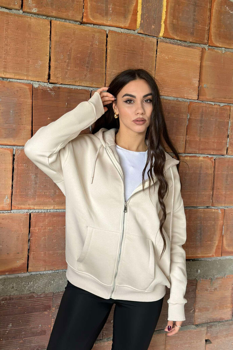 ONE COLOR ZIPPER HOOD WOMEN JACKET CREAM/KREM - 1