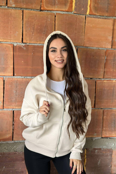 ONE COLOR ZIPPER HOOD WOMEN JACKET CREAM/KREM - 2