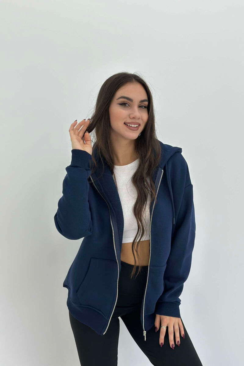 ONE COLOR ZIPPER HOOD WOMEN JACKET DARK BLUE/BEE - 1