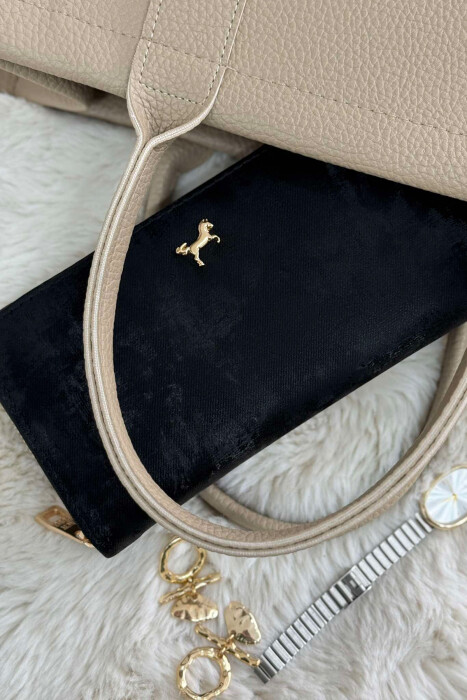 ONE COLOR ZIPPER HORSE LOGO WOMEN WALLET BLACK/ E ZEZE 