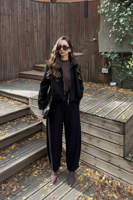 ONE COLOR ZIPPER JACKET+TROUSERS WOMEN SET BLACK/ E ZEZE - 2