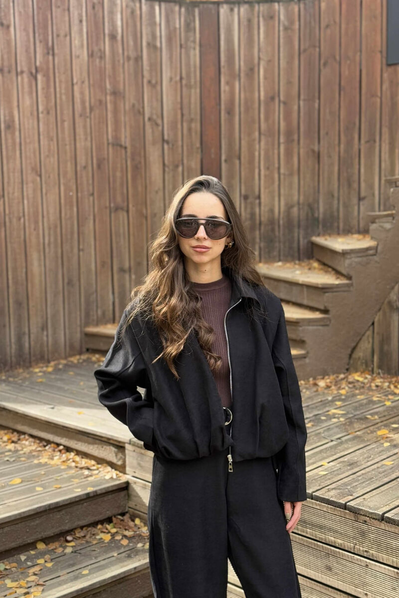 ONE COLOR ZIPPER JACKET+TROUSERS WOMEN SET BLACK/ E ZEZE - 3