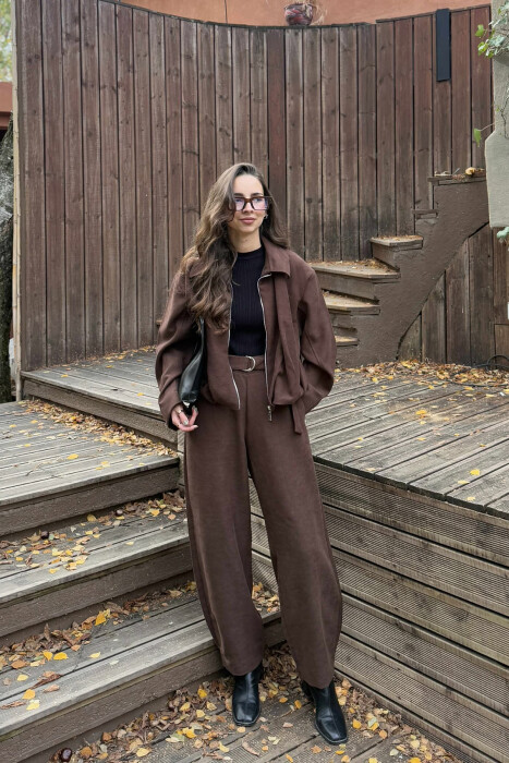 ONE COLOR ZIPPER JACKET+TROUSERS WOMEN SET BROWN/KAFE - 1
