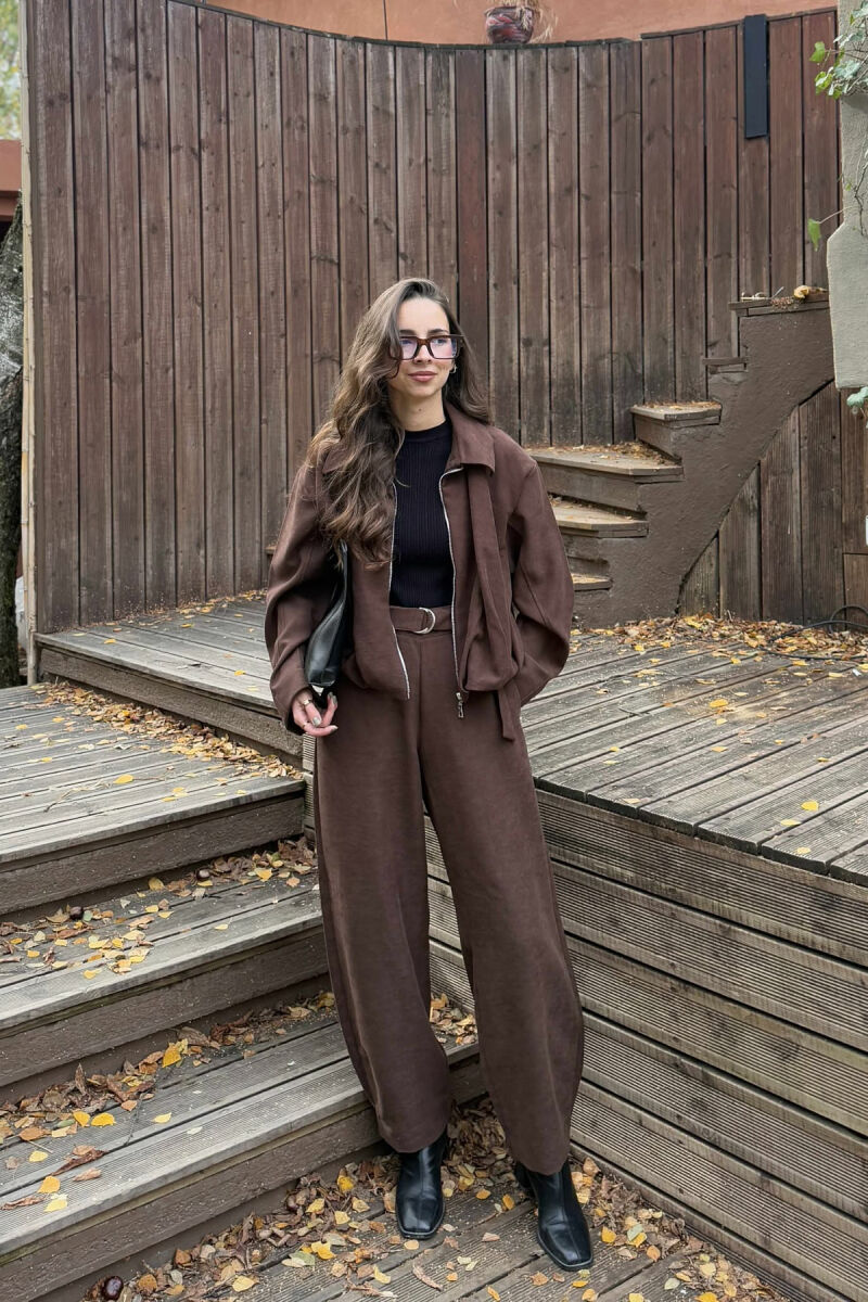 ONE COLOR ZIPPER JACKET+TROUSERS WOMEN SET BROWN/KAFE - 1