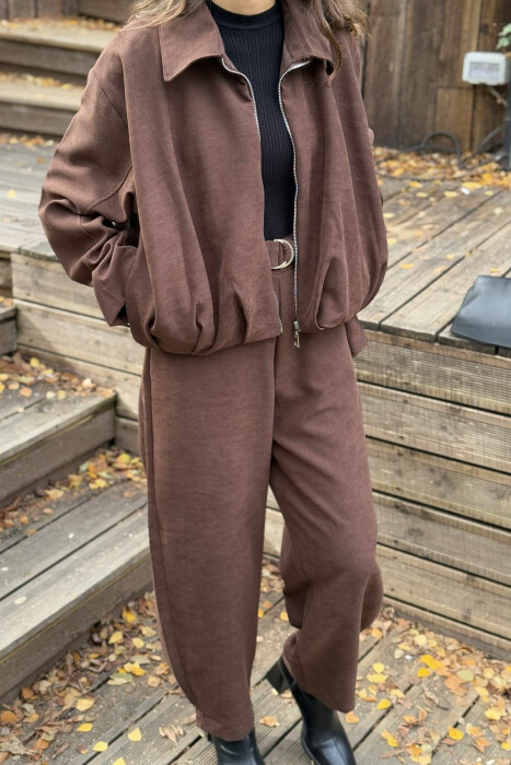 ONE COLOR ZIPPER JACKET+TROUSERS WOMEN SET BROWN/KAFE - 5