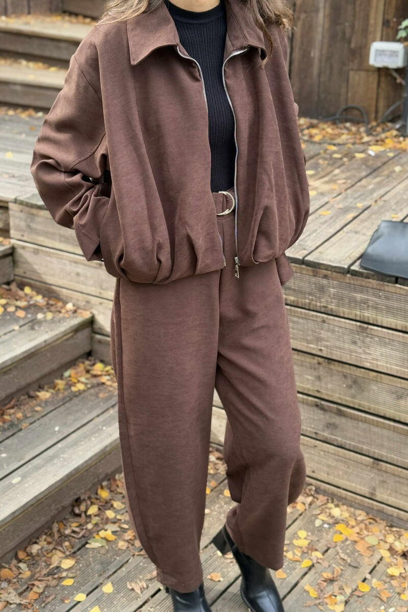 ONE COLOR ZIPPER JACKET+TROUSERS WOMEN SET BROWN/KAFE - 5