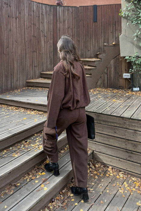 ONE COLOR ZIPPER JACKET+TROUSERS WOMEN SET BROWN/KAFE - 4