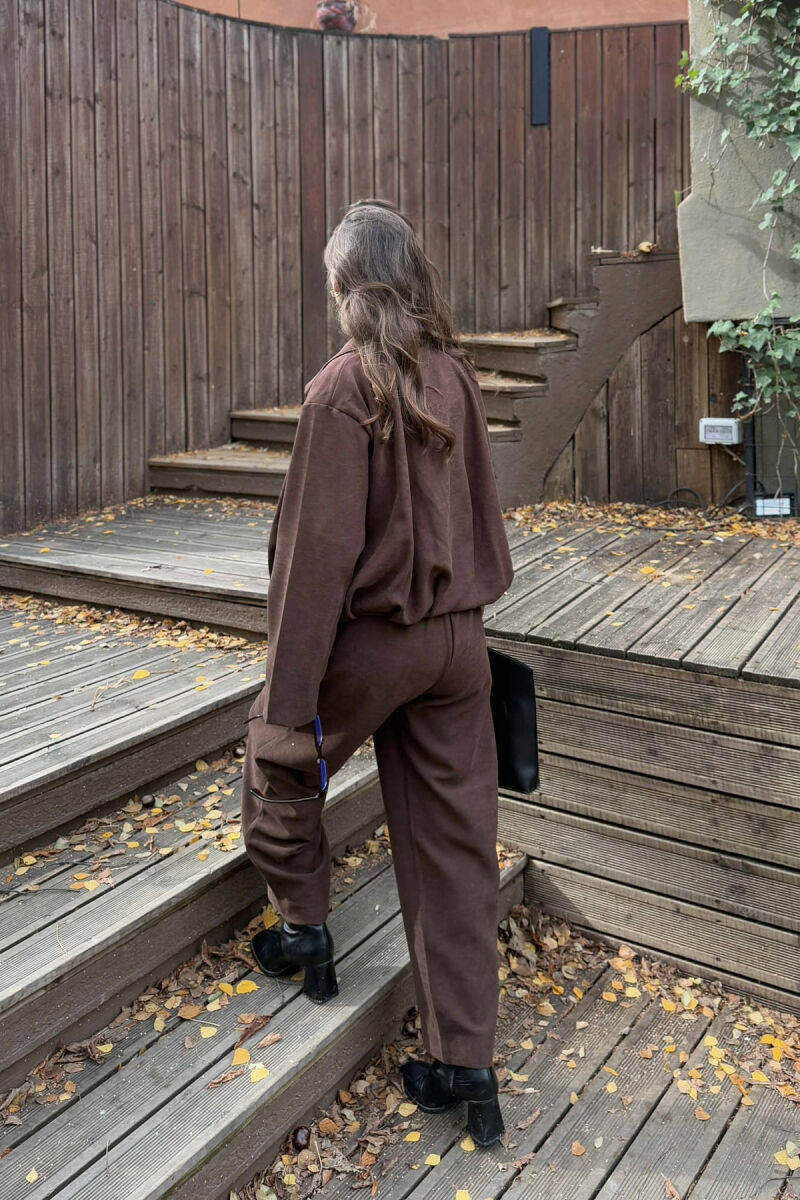 ONE COLOR ZIPPER JACKET+TROUSERS WOMEN SET BROWN/KAFE - 4