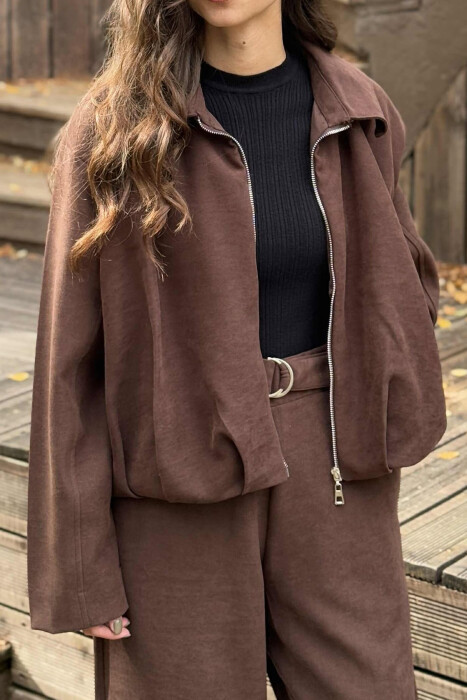 ONE COLOR ZIPPER JACKET+TROUSERS WOMEN SET BROWN/KAFE - 6