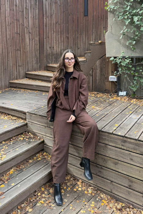 ONE COLOR ZIPPER JACKET+TROUSERS WOMEN SET BROWN/KAFE - 2