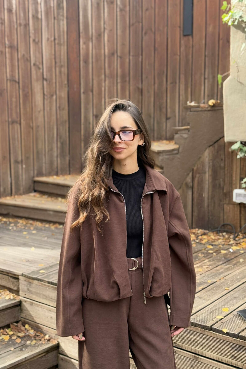 ONE COLOR ZIPPER JACKET+TROUSERS WOMEN SET BROWN/KAFE - 3