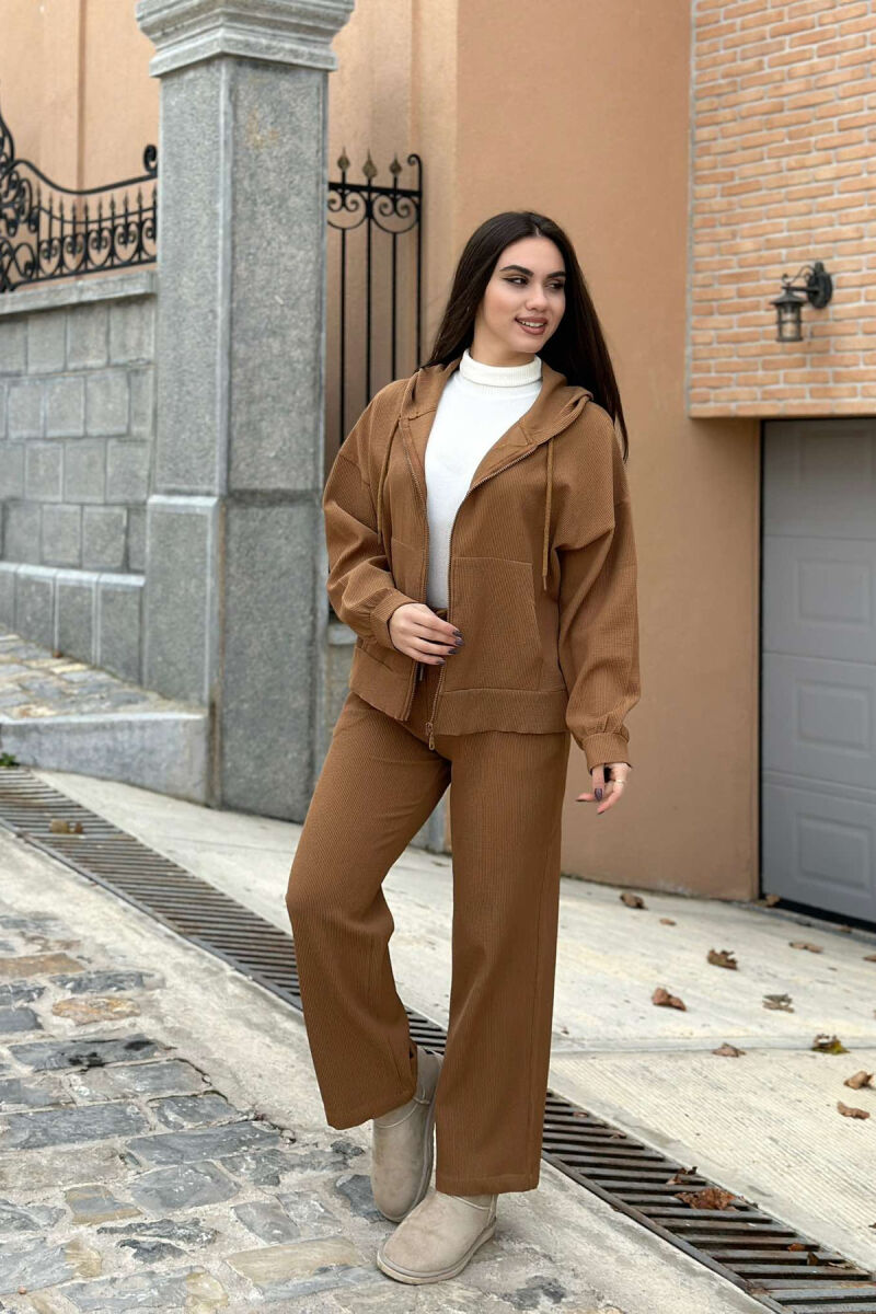 ONE COLOR ZIPPER JACKET+TROUSERS WOMEN SET BROWN/KAFE - 2