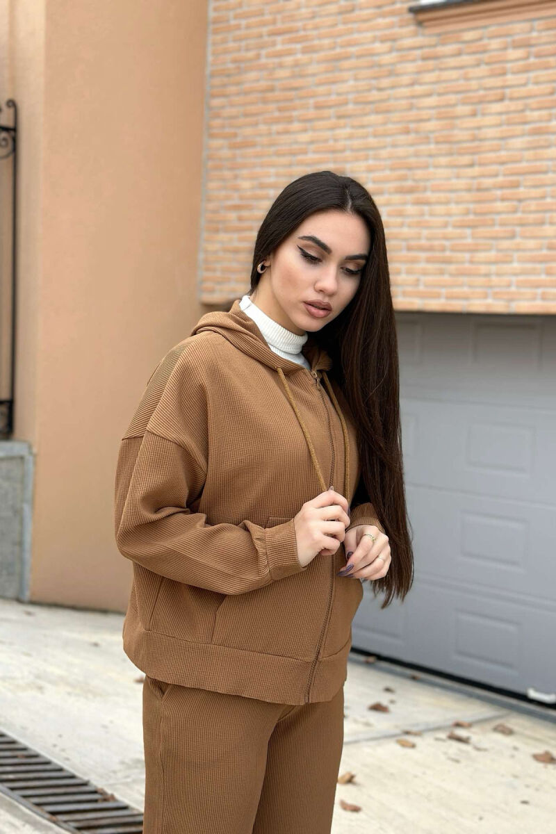 ONE COLOR ZIPPER JACKET+TROUSERS WOMEN SET BROWN/KAFE - 4