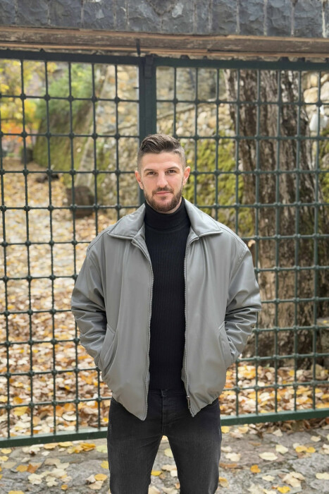 ONE COLOR ZIPPER LEATHER MEN JACKET GREY/GRI - 3