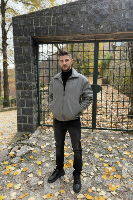 ONE COLOR ZIPPER LEATHER MEN JACKET GREY/GRI - 5